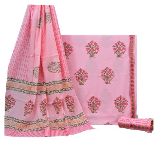 Image of NISHIRE Women's Cotton Jaipuri Hand Block Print Unstitched Suit Material with Cotton Mulmul Dupatta