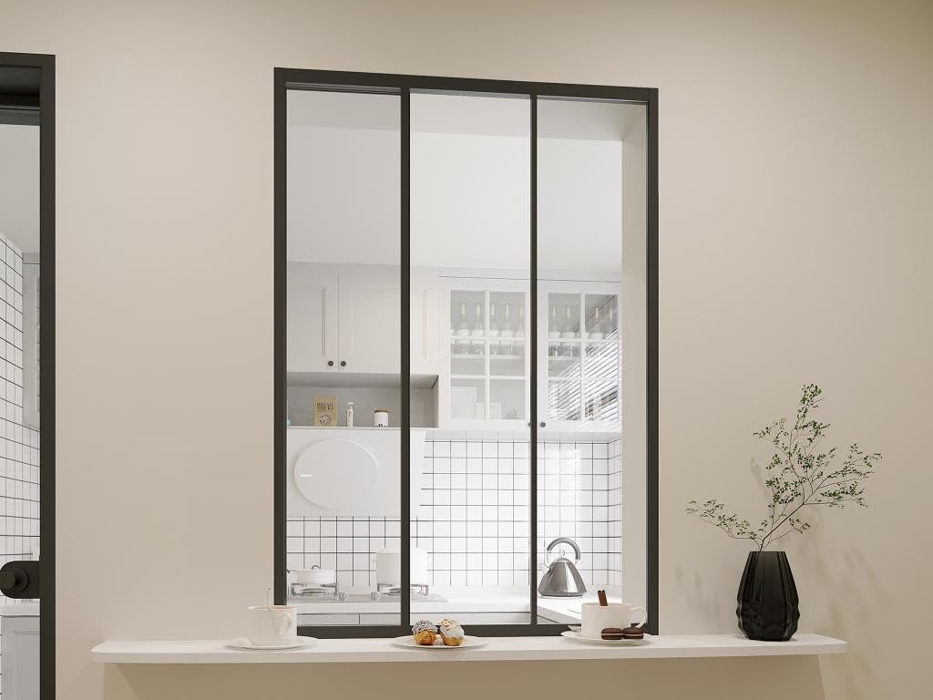 Vente-unique - Verriére coulissante en Aluminium thermolaqué Noir 90 x 130 cm (L x H) – Ravena