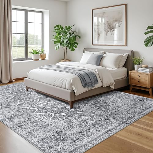 KUTA Vintage Floral Area Rug 9x12 Living Room, Washable Large Rug for Bedroom 9ft x 12ft Non-Slip, Ultra Soft Printed Medallion Dining Room Low-Pile Wool Office Room Carpet Grey White