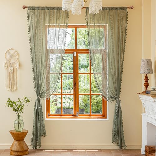 Image of MYSKY HOME Boho Sheer Lace Curtains 2 Panels Set 72 inch Long Vintage Floral Crochet Pattern Privacy Rod Pocket Tassels Small Windows Spring Curtains for Living Room Bedroom, 55 inch W, Sage Green