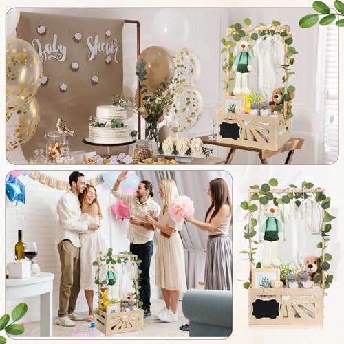 Image of 11 in 1 Wooden Baby Shower Crate Closet, Baby Basket Kit with Adjustable Handle Garland Hanger Chalkboard for Newborn New Parent Pregnancy