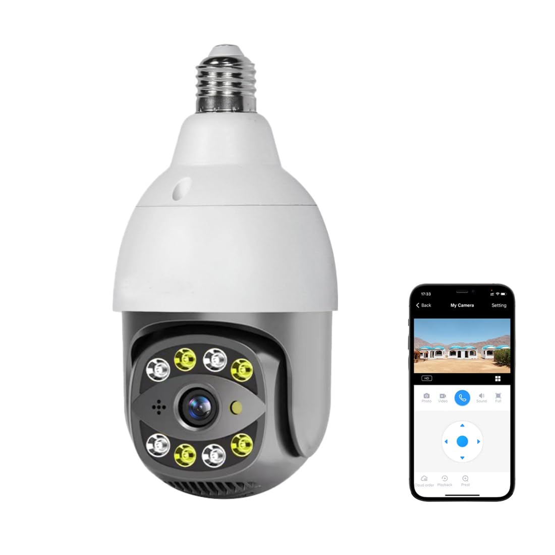 Bulb Camera 4MP Dual-Band WiFi 2.4GHz 5GHz Outdoor Security Pan/Tilt/Zoom Automatic Tracking Color Night Human Detection 2-Way Audio 24/7 Recording