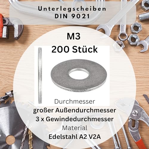 Washers M3 (Large Outer Diameter) DIN 9021 ISO 7093 Washers Body Washers A2 V2A Stainless Steel Washers M3 Pack of 200 - Image 2
