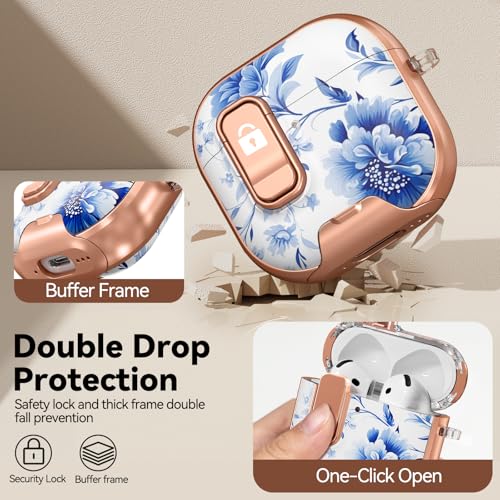 Image of for AirPod 4 Case, with Safty Lock & Phone Stand for Floral AirPod 4 Generation Case Cover for Women Girly, iPod 4 Cases with Keychain & Cleaner Kit -Blue +White Porcelain