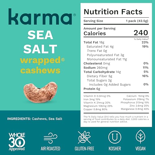 Image of Sea Salt Cashews with Skin by Karma Nuts, Whole, Roasted, Vegan, Gluten Free, Low Net Carb, Natural, Everyday Nut Snack, 1.5 Ounce (12 Snack Packs)