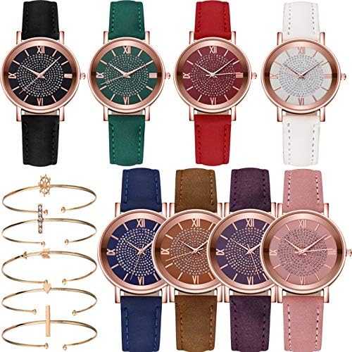 yunanwa 8 Pack Women's Wholesale Assorted Platinum Watches Jewelry Dress Watches Rose Gold Roman Numerals Starry Sky Wrist Watch Bracelet (PU Leather)