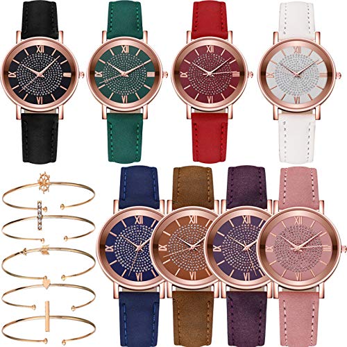 Yunanwa 8 Pack Women's Wholesale Assorted Platinum Watches Jewelry Dress Watches Rose Gold Roman Numerals Starry Sky Wrist Watch Bracelet (Pu Leather) #TOP6