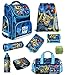 Familando Transformers PL - Juego de mochila y accesorios escolares (8 piezas, incluye estuche, bolsa de deporte, bolsa para la lluvia), color azul