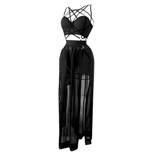 Ladies Three Piece Dress with Straps and Bosom Cushion Skirt Lingerie Sexy Petite Lingerie with Stockings - L - Black