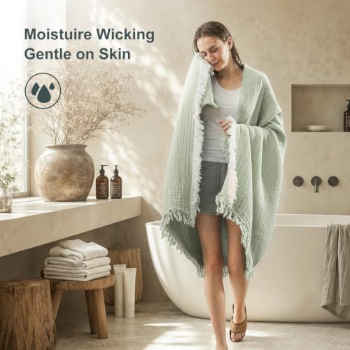 Image of EMME Muslin Throw Blanket with Tassels, 100% Cotton Gauze, Green, 50 inchx60 inch | Soft Breathable Gauze Throw, Lightweight, Cozy for Adults Couch Sofa Bed, Gifts for Women Mom, Boho Home Decor, All Season