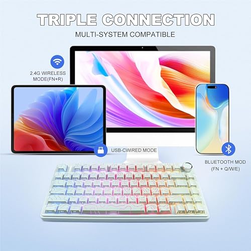 Image of AULA F75 75% Side Engraved Tri Mode TKL 80 Keys Wireless Mechanical Gaming Keyboard With Knob | 4000mAh Battery, South-Facing RGB Backlit Pre-Lubed Hot Swappable | White Contour - Star Vector Switches