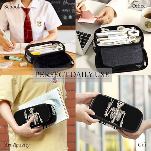 Image of Yekiua Human Skeleton Posing Pen Bag Rock Roll Skull Boho Hippie Large Pencil Case Big Capacity Pencil Pouch Pencil Holder Black