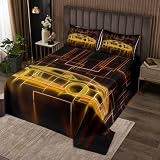 Loussiesd Colcha de coche de carreras para niños, cubrecama de coche deportivo extremo tamaño King, decoración de habitación de niños, geométrico, amarillo y negro, colcha de coche de carreras