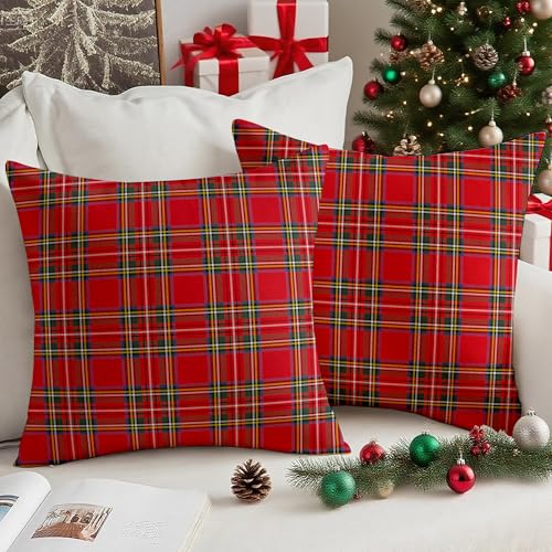 Vorysum 2er Set Rot Weihnachten Kissenbezug 45x45 cm Samt Karierte Winter Weihnachtsdeko Kissenbezüge Dekokissen Kissenhülle Zierkissen Christmas Wohnzimmer Büro Hotel