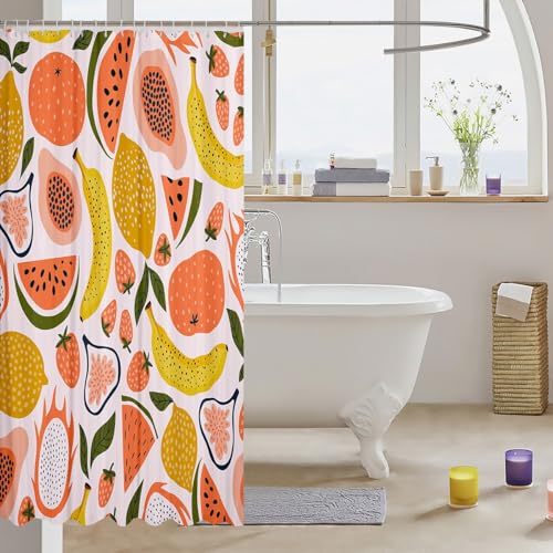 Image of Fruit Shower Curtain Strawberry Watermelon Bathroom Shower Curtain Set for Kids Adult Cute Papaya Lemon Pitaya Bath Curtain Cartoon Tropical Fruit Waterproof Curtains Colorful Room Decor 72x72 Inch
