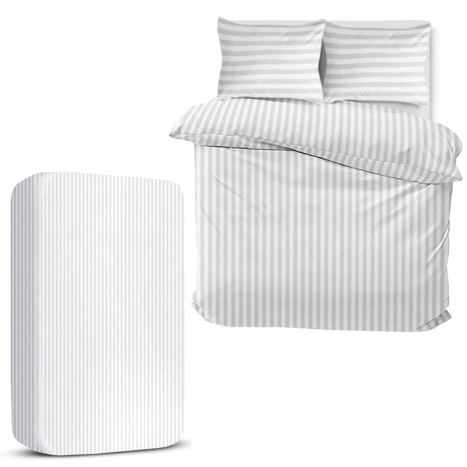 MOONLIGHT20015 King Size Duvet Cover Sets 4 Piece Satin Stripe Duvet Covers Soft Brushed Microfiber Bedding Set with Fitted Sheet & 2 Pillow Cases (White, 230x220 cm)