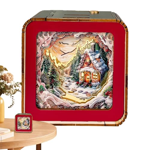 Wooden Puzzle Lamp - 9.5x9.5x5cm Natural Wood Material, Rechargeable LED | Portable 3D Nightlight, Handmade Decorative for Bedroom Desk Study Room Gift Ambient Mood Lighting Home Studio Cozy Evenings