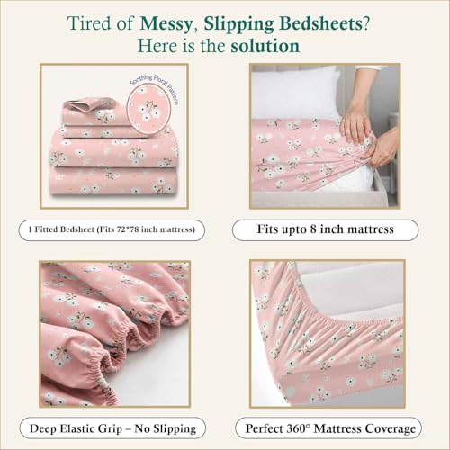 Image of Dream Weaverz- Polycotton Printed Double Bed Size Fitted Elastic Bedsheet,2 Pillow Cover,260 Thread (72 inch x 78 inchx7 inch) Home, Bedroom (Salmon Pink, King)