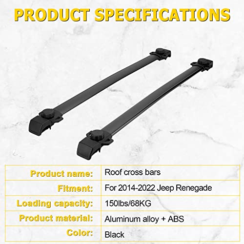 Auxmart Roof Rack Cross Bars Fit For Jeep Renegade 2014 2015 2016 2017 2018 2019 2020 2021 2022, Black Rooftop Luggage Rack Rail Replacement,Aluminum Cargo Carrier Bars Oe Style #TOP6