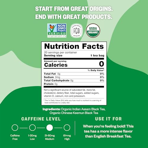 Image of FGO Organic Irish Breakfast Tea, 20 Count, Eco-Conscious Tea Bags (Pack of 1)