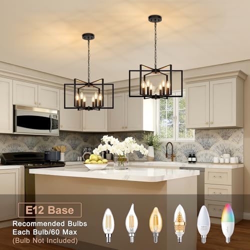 Black Farmhouse Chandelier, 6 Light Geometric Dining Room Light Fixture, Modern Industrial Metal Ceiling Light Rustic Hanging Pendant Lights with E12 base for Kitchen Island Entryway Foyer, Indoor - Image 3