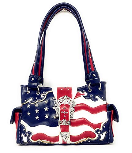 Premium American National Flag Rhinestone Handbag, Messenger bag, Wallet in Multi Colors (American Flag Blue buckle)2