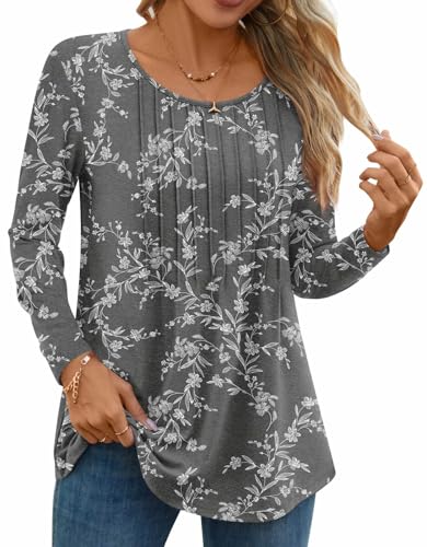 TAOHUADAO Women Fall Long Sleeve Tops Pleated Crew Neck Tunic Casual Dressy Blouse Shirts