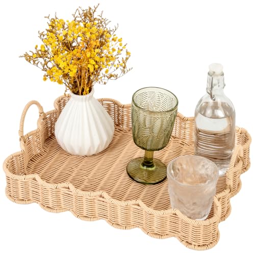 GRANNY SAYS Scalloped Edge Rectangle Wicker Serving Tray Coffee Table Tray Serving Trays with Handles Decorative Tray for Entryway Coffee Table Woven Tray for Serving 15 11 2