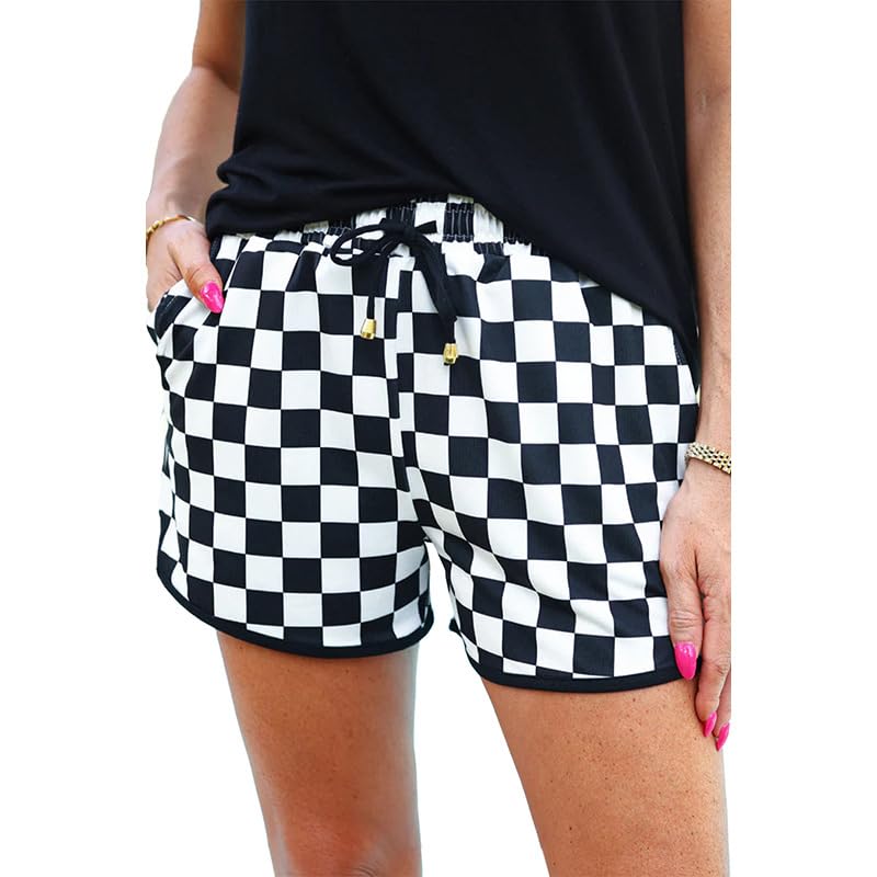 Apvirdy Womens Checkered Adjustable Drawstring Elastic Waist Casual Shorts with Pockets