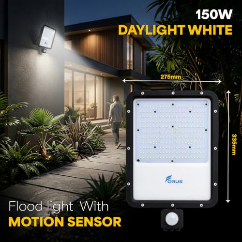 Image of Forus 150W LED Flood Light Daylight White with Motion Sensor Auto On Off Day Night Mode Waterproof Outdoor Security Lighting for Garden Parking Garage Shop High Bright Floodlight 4Yr Warranty-1Pc