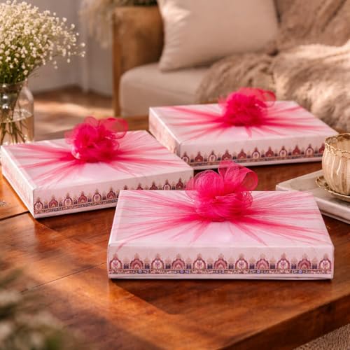 Image of SATYAM KRAFT 6 Pcs Multipurpose Decorative Folding Gift Box | Premium Paper Tray with Net for Wedding Return Gifts, Shaadi /Marriage, Anniversary, Hampers, Festive Gift Packaging (Cream)
