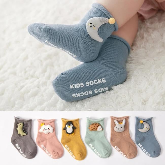 MAAGHI Kids Cotton Floor Socks – Anti-Slip Baby Socks with Cute 3D Cartoon Dolls, Loose Mouth Design, for Boys & Girls – Yellow & Blue (1 Pair) 1