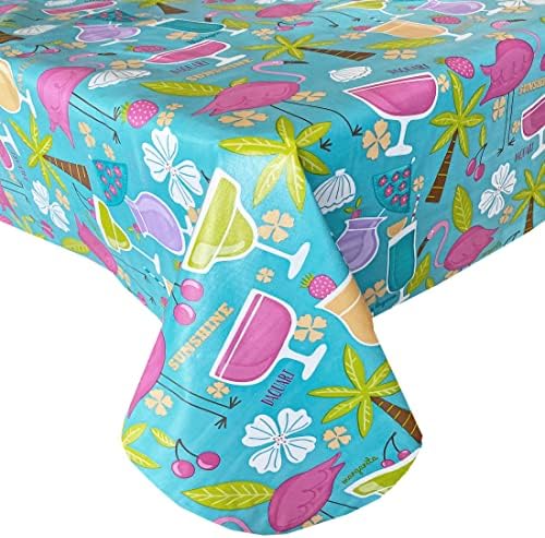 Newbridge Happy Hour Whimsy Vinyl Flannel Backed Tablecloth, Kitschy Flamingo and Tropical Cocktail Print Waterproof Patio, BBQ, Indoor Outdoor Tablecloth Tablecloth, 70 Inch Round