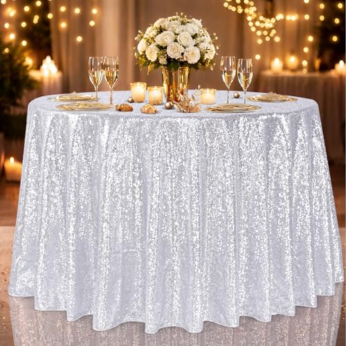 Image of B-COOL Sequin Tablecloth Round Party Decorations: 132 Inch Silver Tablecloth Sequin Overlay Glitter Fabric for Indoor and Outdoor Gathering Christmas Parties
