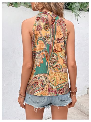 Image of RoseSeek Women's Tropical Paisley Halter Blouse Boho Shirt Vacation Tops | Polka Dots Print, Halter Tops, Summer Tops, Going Out Tops, Beach, Dressy Tops, Boho Blouses