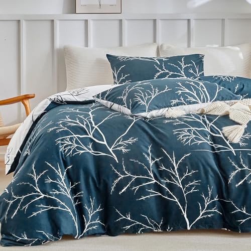 Image of Lekesky Reversible Duvet Cover Queen Size, Dark Blue White Thin Branch Comforter Covers Queen 3pc Ultra Soft Microfiber Breathable Stylish Bedding Sets with Zipper Ties