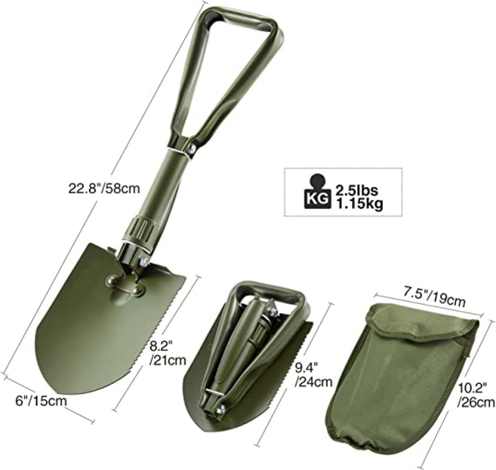 Pelle à outils pliante avec manche vert et étui de style militaire en Pelle à outils pliante avec manche vert et étui de style militaire en
