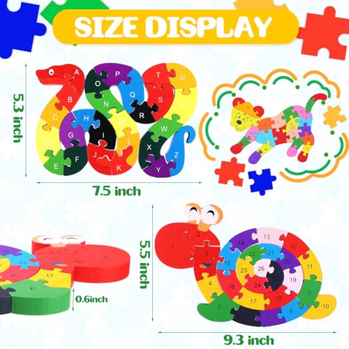 Image of Yunsailing 4 Pcs Alphabet Jigsaw Puzzle Wooden Blocks Toys Alphabet Educational Toddler Puzzle Toys for Preschool Learning Party Favor Gift Learning (Snake, Snail, Duck, Leopard)