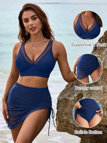 Image of Blooming Jelly Womens Swim Skirt High Waisted Bikini Sets Tummy Control Swimsuits Mesh Sarong Wraps Bathing Suits
