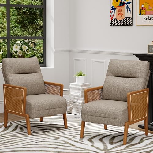 Yongchuang Accent Chair Set of 2 Upholstered Living Room Chairs with Natural Rattan Armrest Modern Linen Side Chairs Armchair for Club Reading Bedroom Taupe