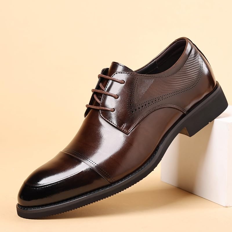 Formal Business Suit Tuxedo Shoes Men's Genuine Leather Lace Up Oxfords Comfort Wide Round Toe Non-Slip Dress Shoes 6