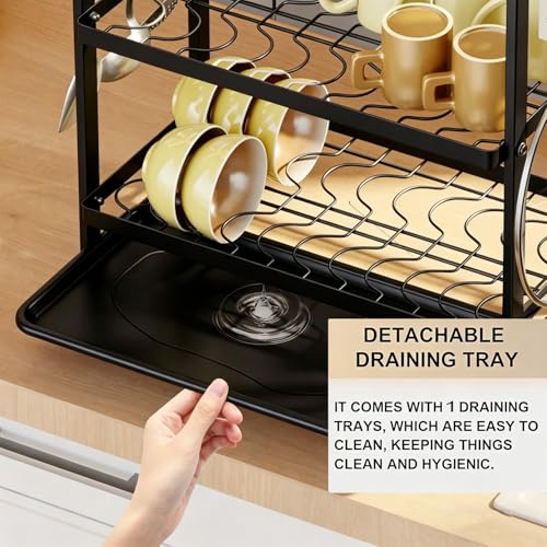 Image of COMFYHOME Dish Drying Rack, 3-Tier Wrought Iron Space-Saving Kitchen Dish Drainer with Drainboard & Utensil Holders, Rustproof Counter Organizer for Plates, Utensils, Bartan