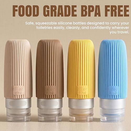 Image of Beaute Secrets Reusable Travel Bottles Set (4 x 90ml) - Leakproof Silicone Squeezable Containers for Shampoo, Lotion & Toiletries | Refillable, TSA Approved, Multicolor (Essentials | HR10)