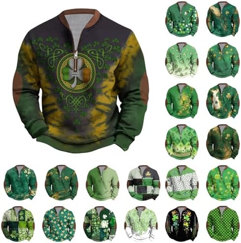 Mens St Patricks Day Shirt Plus Size Lucky Clover Graphic Long Sleeve Spring Blouse Pullover Quarter Zip Holiday Tops