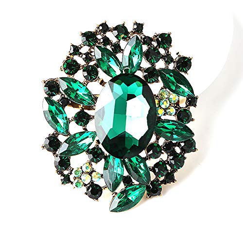 Image of Wedding Bridal Big Crystal Rhinestone Bouquet Brooch Pin for Women (Green Vintage Flower)