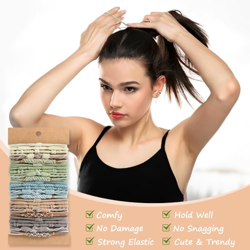 Boho Hair Ties with Beads, 25 PCS 5 Styles Cute Elastic Hair Bands for Thick or Thin Hair, No Damage Hair Tie Bracelets in Blue for Girls and Women3