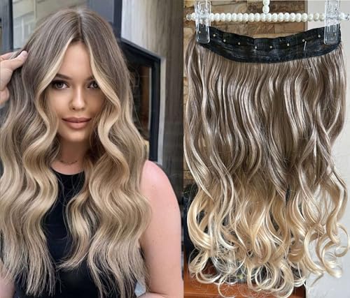 17 Inches One Piece Half Head Wavy Curly Ombre Clip in Hair Extensions 120grams (Medium ash brown to blonde)