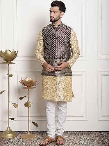 Image of Sojanya (Since 1958 Men'S Silk Blend Kurta Pyjama & Nehru Jacket Combo