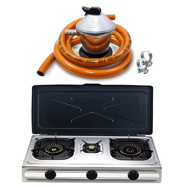 Pack Hornillo a gas inoxidable para gas butano o propano, encendido piezoeléctrico, 2 quemadores de triple corona y 1 quemador pequeño, uso exterior + Regulador de gas butano completo