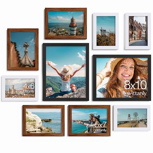 Image of Vittanly 10 Pack Picture Frames, Picture Frames Collage Wall Decor with Two 8x10, Four 5x7 and Four 4x6 Photo Frames, Gallery Wall Frame Set for Wall or Tabletop Display, Black, Walnut Brown and White